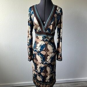 Tina Turk dress size 10 floral tan and teal fitted side zipper 100% Silk